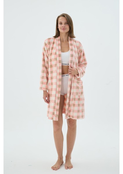 Kadın Yumuşak Kare Desenli Cepli Kemerli Sabahlık – Pembe Bej C6T8N261 fiyatları