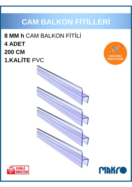 8 mm Küçük H (Y) Cam Balkon Şeffaf Fitil 4 Adet 200 cm