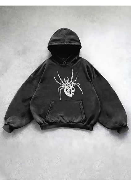 Yıkamalı Örümcek Baskılı Vintage Kapüşonlu Sweatshirt