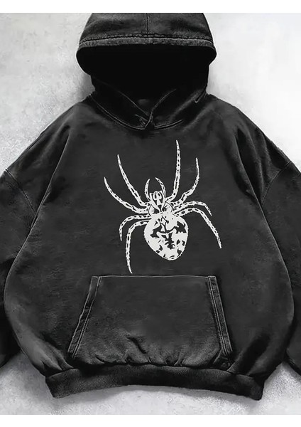Yıkamalı Örümcek Baskılı Vintage Kapüşonlu Sweatshirt fiyatları