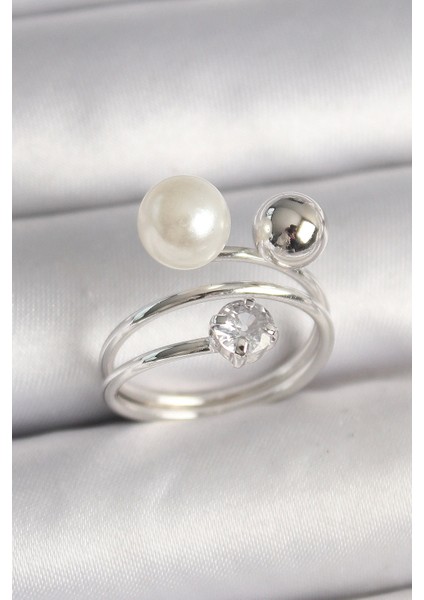 Bfs Pirinç Gümüş Renk Zirkon Taşlı Toplu Inci Model Kadın Yüzük