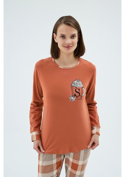 Kadın Uzun Kollu Turuncu Üst Ekose Alt Pijama Takımı C9T9N951 fiyatları