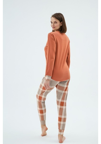 Kadın Uzun Kollu Turuncu Üst Ekose Alt Pijama Takımı C9T9N951 modelleri
