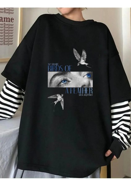 Billie Elish Baskılı Unisex Fake Uzun Kollu Siyah T-Shirt