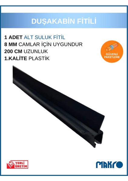 Duşakabin Kapı Altı Çift Yaprak Alt Suluk Fitil Siyah 200 cm 8 mm Camlar Için
