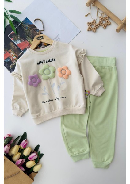 Mimiğimin Cicileri Renkli Papatya Desenli Kız Çocuk Pamuklu penye Takım - Yeşil