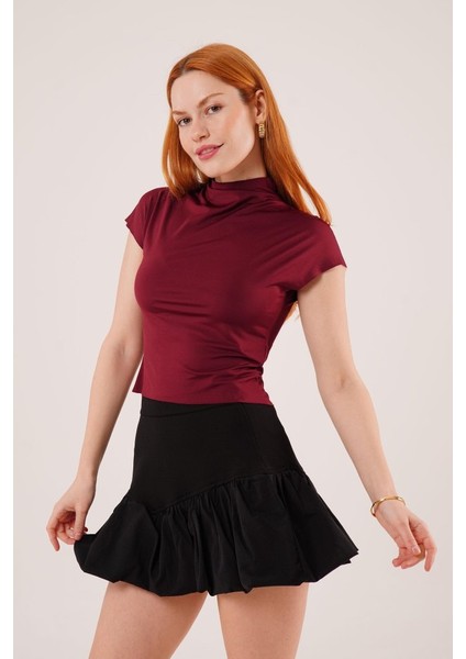Boğazlı Parlak Kumaş Bordo Crop modelleri