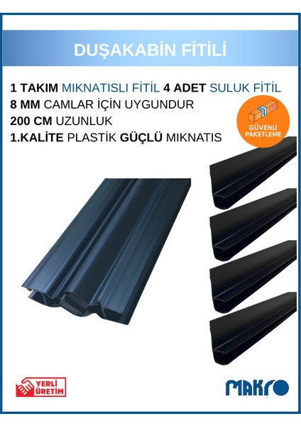Siyah Duşakabin Mıknatıs Takımı ve 4 adet Suluk Fitili 200 cm 8 mm Camlar Için