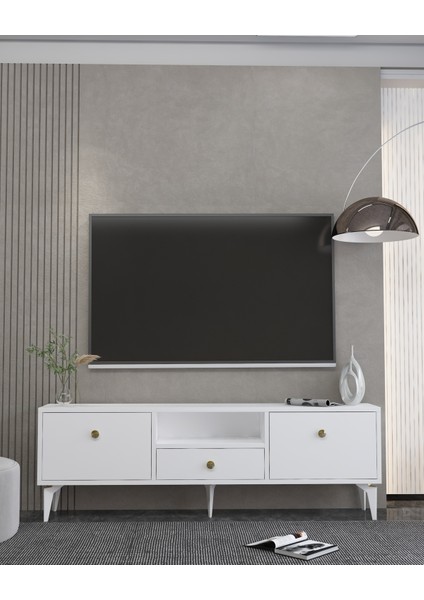 1300DROPDH-1 Tv Sehpası Beyaz-Altın Kulp