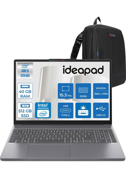 Ideapad Slim 3 15IRH10 Intel Core I5 13420H 40GB 512GB SSD Freedos 15.3" Wuxga (1920X1200) IPS 300NITS Taşınabilir Bilgisayar IP83K100Q0TRF10 + Zetta Çanta