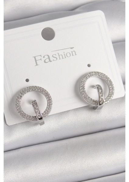 Bfs Pirinç Gümüş Renk Zirkon Taşlı Halka Model Kadın Küpe