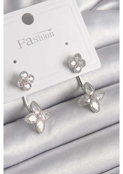 Bfs Pirinç Gümüş Renk Zirkon Taşlı Yonca Model Kadın Küpe