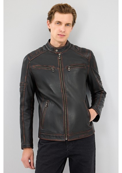 Leonard Erkek Kahverengi Vintage Slim-Fit Deri Ceket 25WGF6582VD