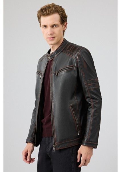 Leonard Erkek Kahverengi Vintage Slim-Fit Deri Ceket 25WGF6582VD modelleri