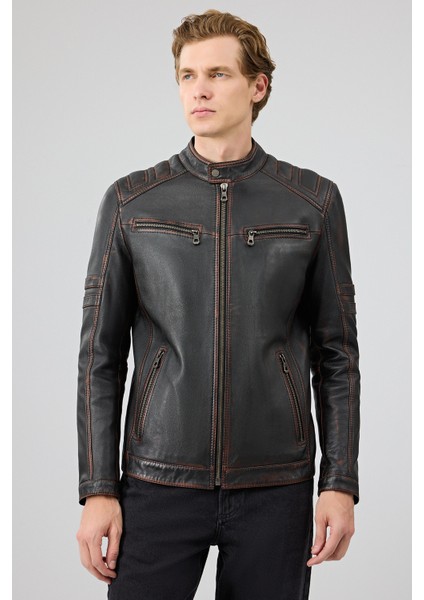 Leonard Erkek Kahverengi Vintage Slim-Fit Deri Ceket 25WGF6582VD