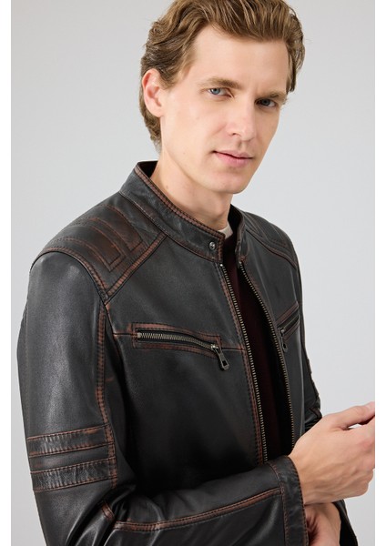 Leonard Erkek Kahverengi Vintage Slim-Fit Deri Ceket 25WGF6582VD