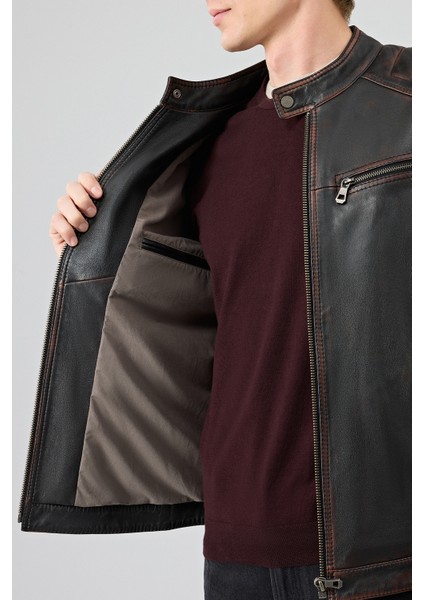 Leonard Erkek Kahverengi Vintage Slim-Fit Deri Ceket 25WGF6582VD