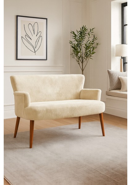 - Roma Modern Ikili Koltuk Kanepe - Welsoft Yumuşak Kumaş - Ahşap Ayak - Krem