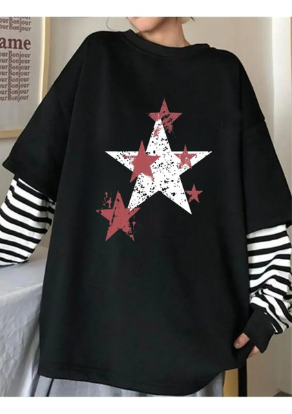 Star Baskılı Unisex Fake Uzun Kollu Siyah T-Shirt