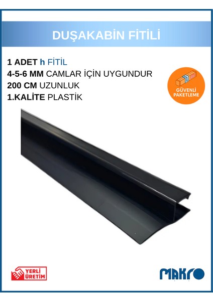 Duşakabin Siyah Tırnaklı H Profil (H Fitil) 200 cm (4-5-6mm)