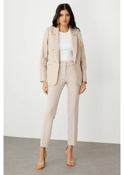 Kadın Fleto Cepli Keten Ceket 4016 Kum