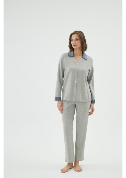 Kadın Düğmeli Saten Yaka Uzun Kollu Gri Pijama Takımı C9T1N961 modelleri