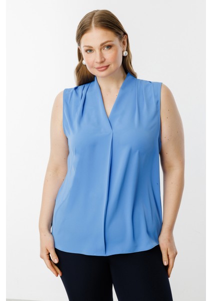 Kadın Büyük Beden V Yaka Saten Bluz 3562 Mavi