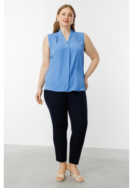 Kadın Büyük Beden V Yaka Saten Bluz 3562 Mavi modelleri