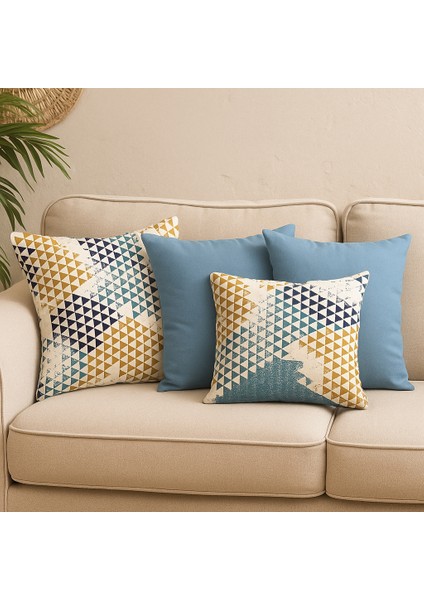 4'lü Modern Dekoratif Kırlent Kılıfı Seti – Geometrik Desen & Düz Mavi 4 AL 1 ÖDE