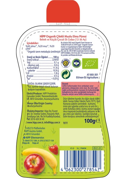 Bfs p Organik Çilekli Muzlu Elmalı Meyve Püresi 100 gr modelleri
