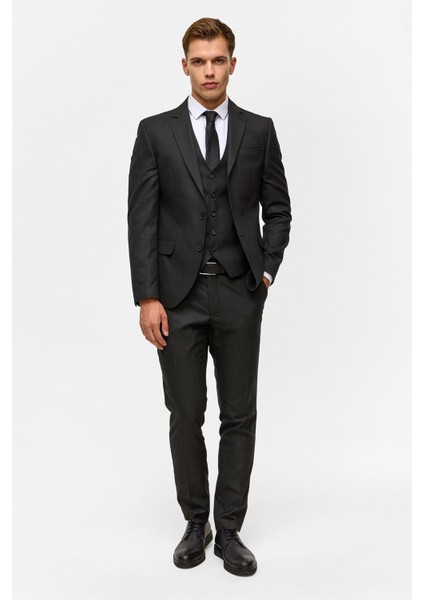 Siyah Slim Desenli Mono Yaka 6 Drop Yelekli Takım Elbise