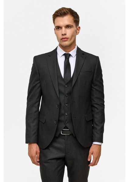 Siyah Slim Desenli Mono Yaka 6 Drop Yelekli Takım Elbise modelleri