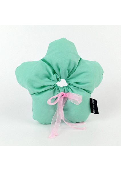 El Yapımı Mint Yeşili Pembe Fiyonklu Çiçek Scrunchie Topuz Tokası modelleri