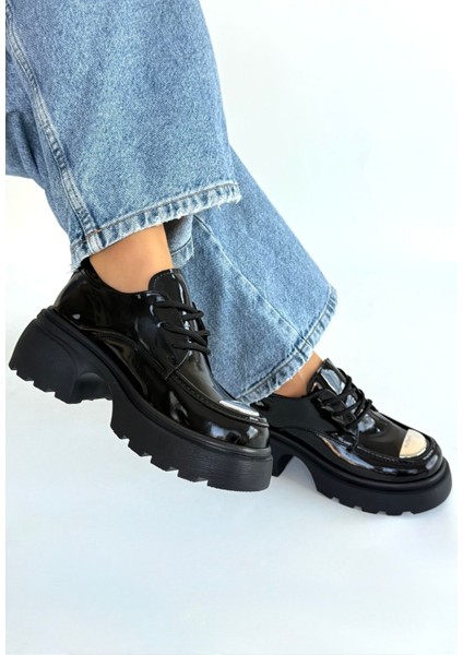 Eyesof Kiya Siyah Rugan Dolgu Topuk Oxford Ayakkabı modelleri