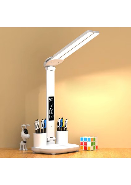 LED Çift Başlıklı Dokunmatik Masa Lambası Takvim & Saat Usb’li Katlanabilir Başucu Lambası
