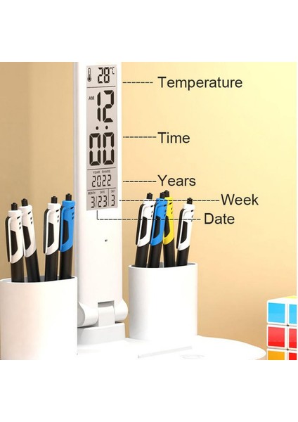 LED Çift Başlıklı Dokunmatik Masa Lambası Takvim & Saat Usb’li Katlanabilir Başucu Lambası