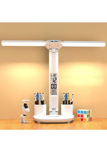LED Çift Başlıklı Dokunmatik Masa Lambası Takvim & Saat Usb’li Katlanabilir Başucu Lambası
