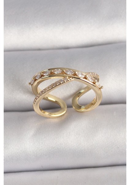 Bfs Pirinç Gold Renk Zirkon Taşlı Ayarlanabilir Kadın Yüzük