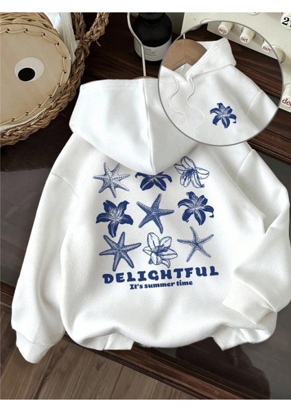 Delightful Baskılı Beyaz Kapşonlu Sweatshirt Hoodie