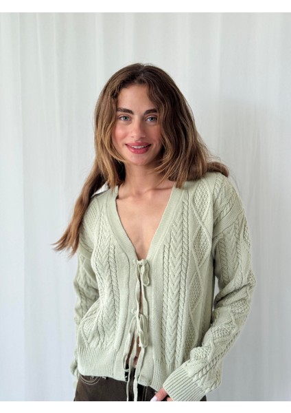 Önden Bağlamalı Hırka Kadın Açık Yeşil modelleri