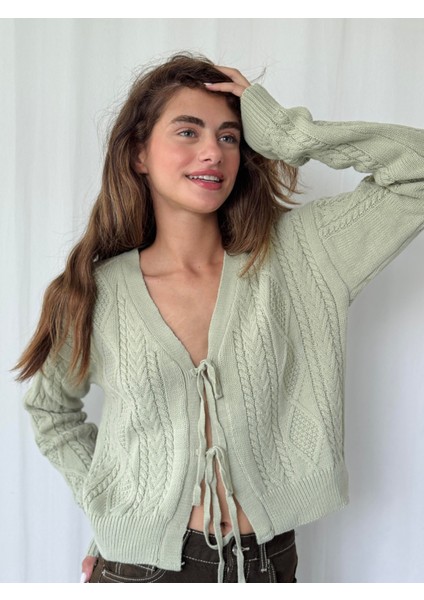 Önden Bağlamalı Hırka Kadın Açık Yeşil indirimleri