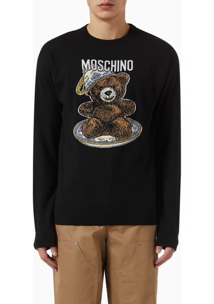 Yün Karışımlı Logo Kazak, Siyah, Ön Logo Detaylı, Ribanalı Manşet ve Etek Ucu