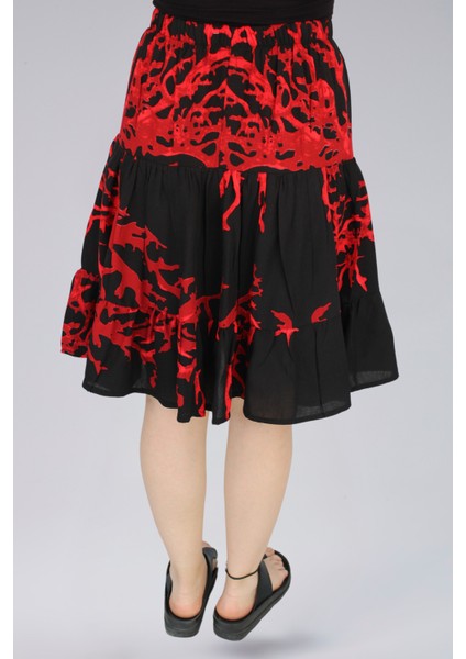 Viskon Kumaş Siyah-Kırmızı Mercan Desenli Midi Boy Kadın Şort Etek modelleri
