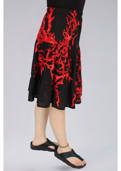 Viskon Kumaş Siyah-Kırmızı Mercan Desenli Midi Boy Kadın Şort Etek