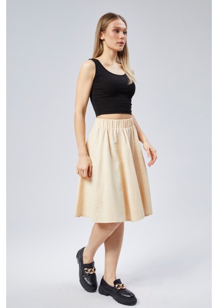 Flamlı Keten Midi Boy Kloş Etek