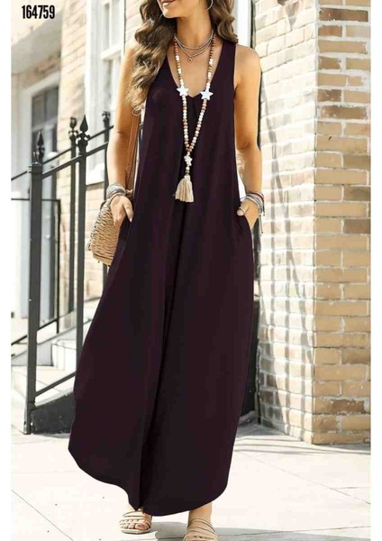 Kadın Askılı Yuvarlak Yaka Cepli Salaş Uzun Viskon Tulum, Kırmızı Gül Figürlü Kolye Hediye