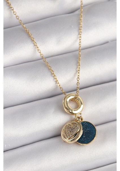 Bfs 316L Çelik Gold Renk Zincir Zirkon Taşlı Kalp Model Mavi Simli Kadın Kolye