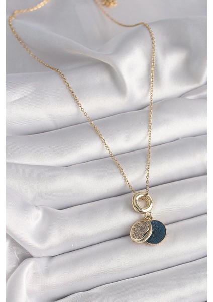 Bfs 316L Çelik Gold Renk Zincir Zirkon Taşlı Kalp Model Mavi Simli Kadın Kolye fiyatları