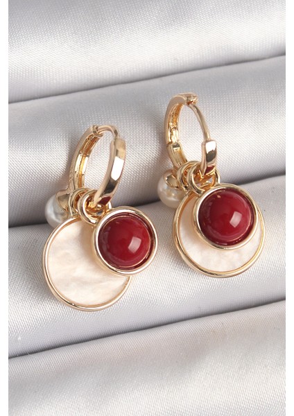 Bfs Pirinç Gold Renk Sallantı Beyaz Mineli Bordo Detay Kadın Küpe