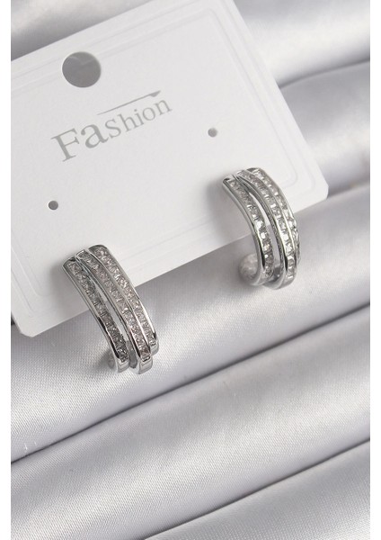 Bfs Pirinç Gümüş Renk Zirkon Taşlı Yarım Halka Model Kadın Küpe